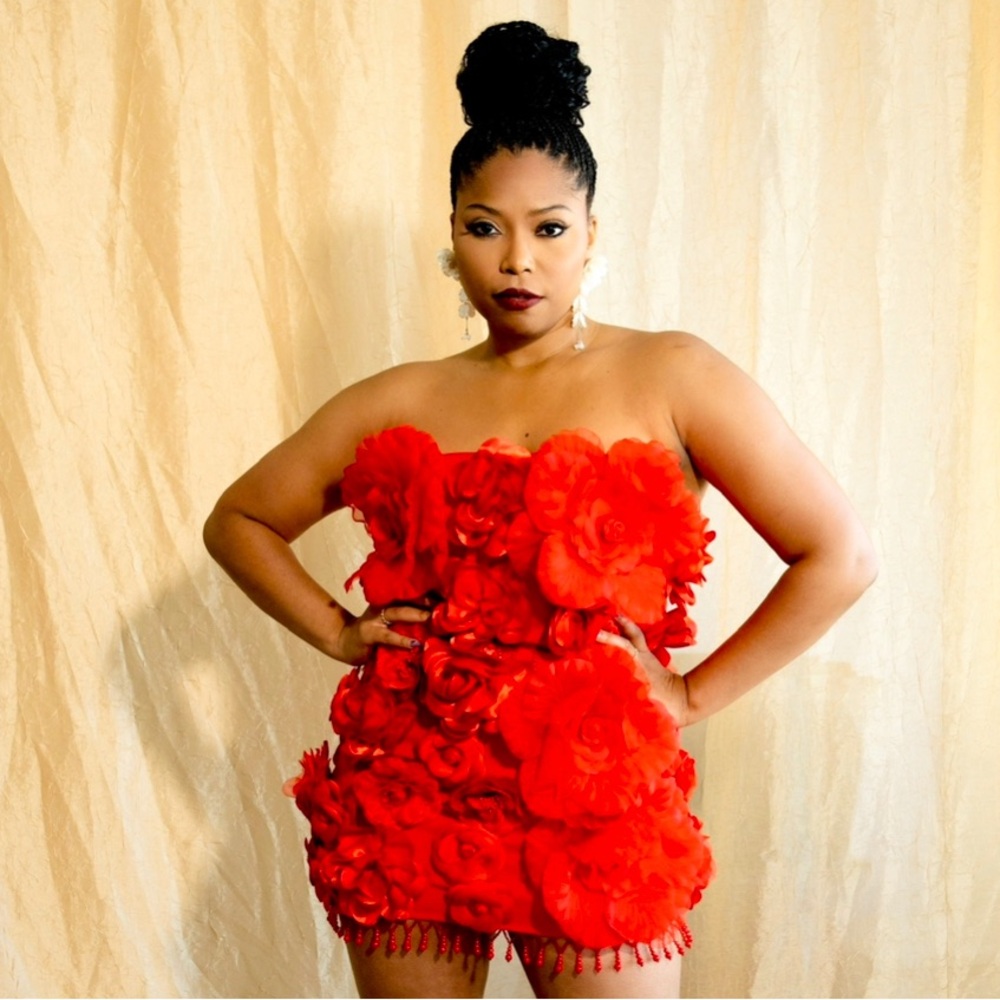 Red Floral Strapless Dress